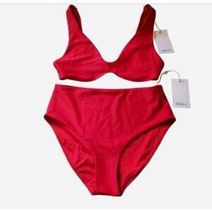 Quince Italian Plunge Bikini Top & High Rise Bottom Set Size S Cherry Red Beach